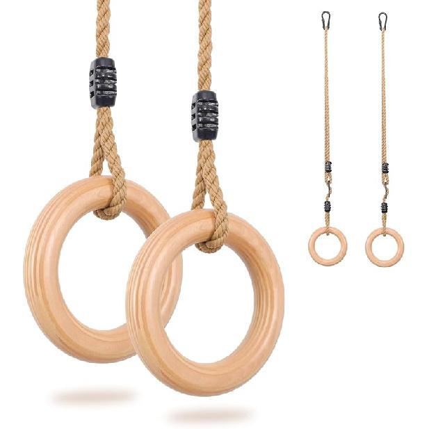 YAERSI Wooden Gymnastics Rings,Pull up Rings with Adjustable Buckle, Wooden Swing Rings for Kid's Home Exercise
