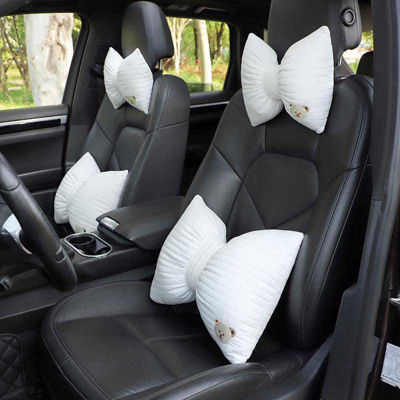 Cartoon Embroidered Bow Car Headrest Neck Pillow: Elastic, Breathable, and Stylish Car Interior Accessory.