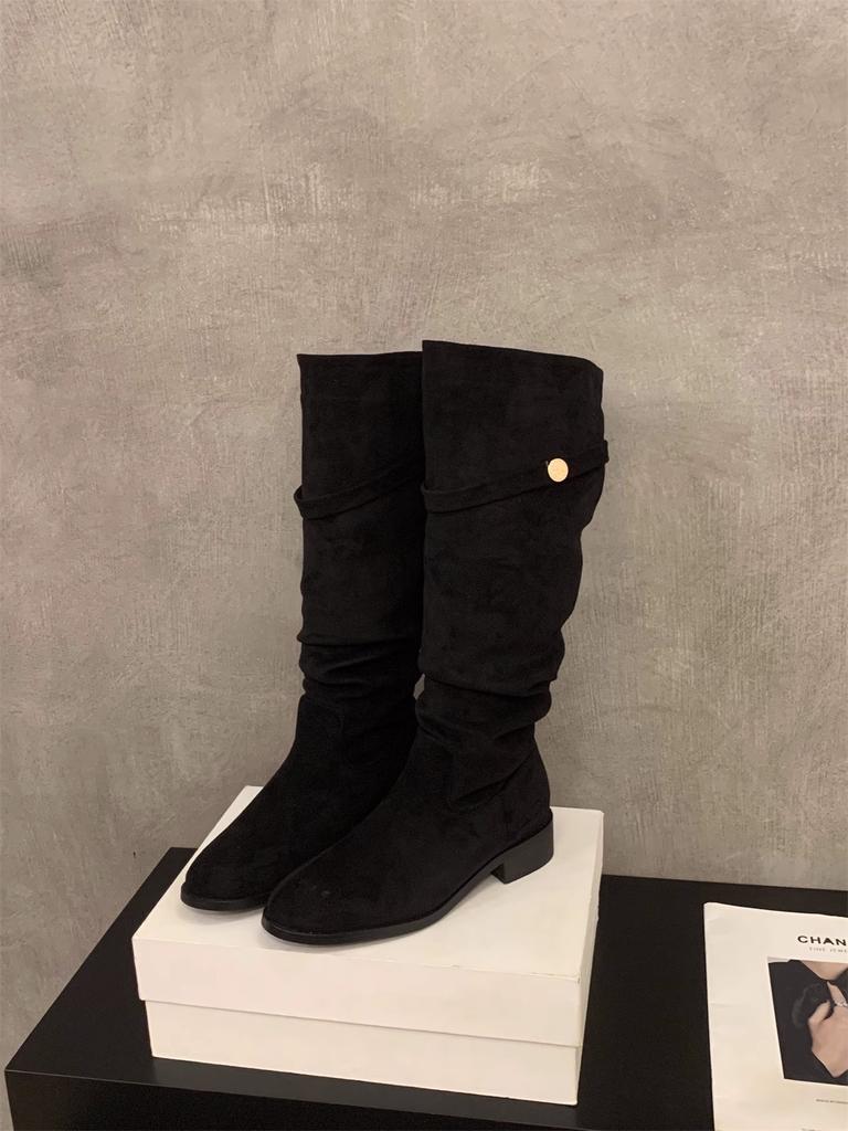 Французские замшевые ботильоны абрикосового цвета на толстом каблуке женская обувь 2025 новая весна-осень зима универсальные тонкие длинные сапоги