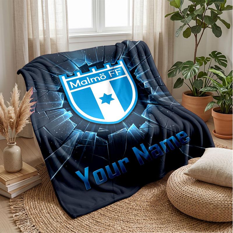 Malmö FF Custom Name Text Flannel Blanket Soccer Logo Personalized Fleece Throw Blanket Special Gift For Sofa Bedroom Home