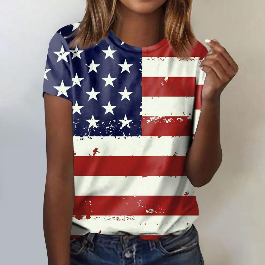 Women's Fashion Casual Independence Day Printed Round Neck Short Sleeve T-Shirt Top