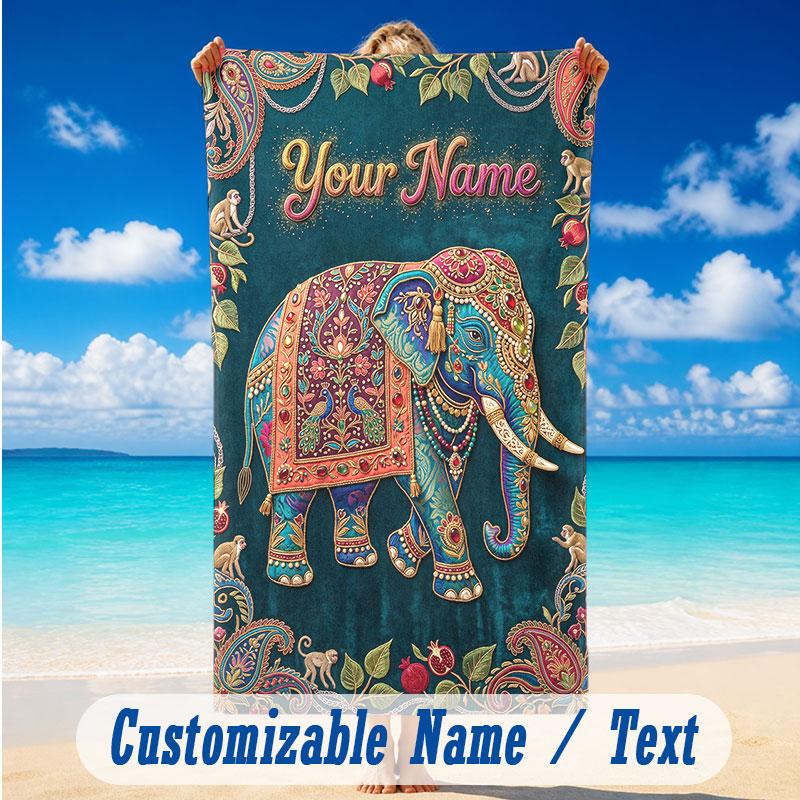 Elephant Theme Beach Towel Personalized Custom Name & Text Soft Quick Dry Beach Towel for Swimming Travel