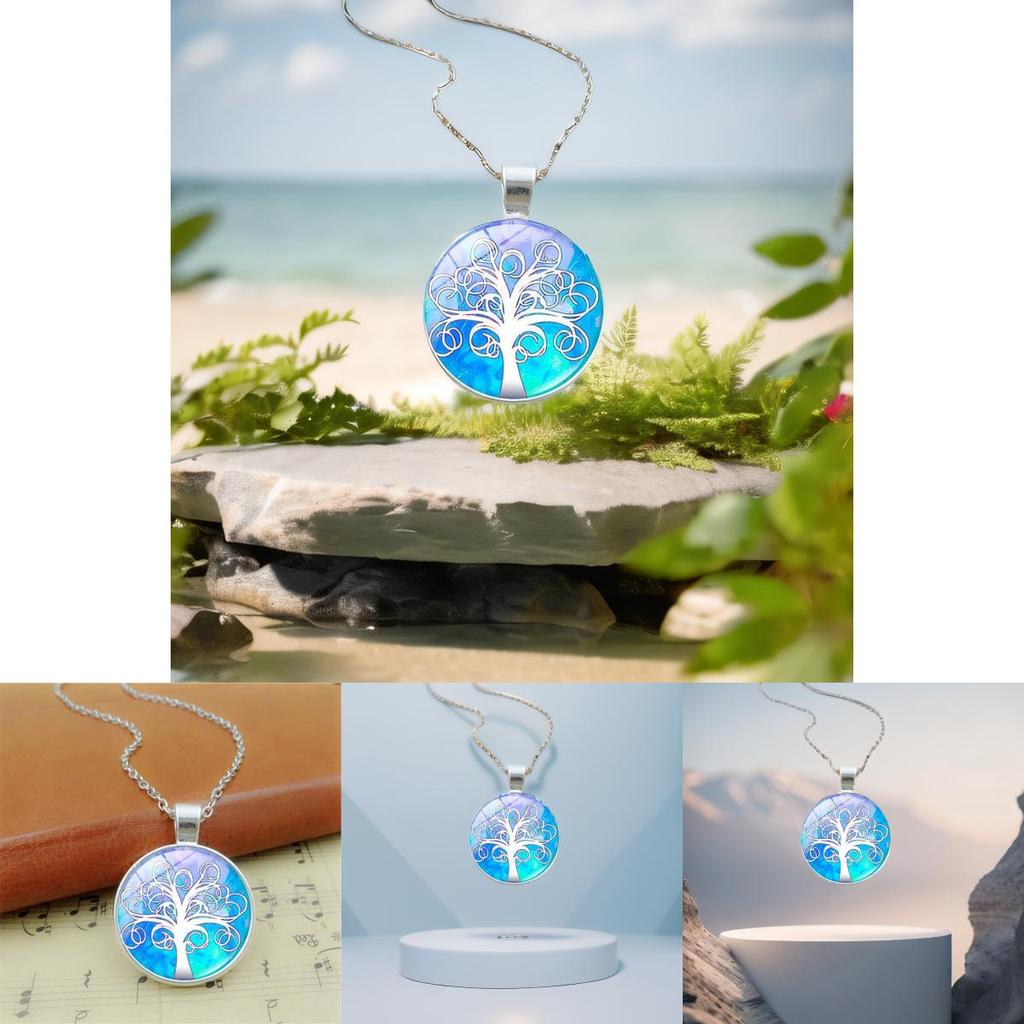 Элегантное ожерелье-подвеска с узором дерева цвета винтажного серебра с классическим стеклянным кабошоном