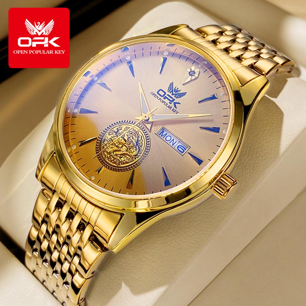 OPK 8150 Men's Dress Wristwatch Luxury Waterproof Luminous Dual Calendar Original Business Quartz Watch for Man