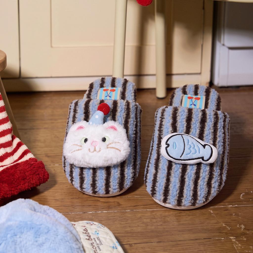 Warm edge cute fun cartoon kitten fish pattern striped slippers home warm cute indoor non-slip cotton slippers women