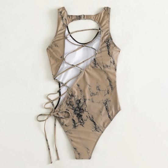 Women Monokini Floral Print Solid Color Hollow Out Multi Straps Lace