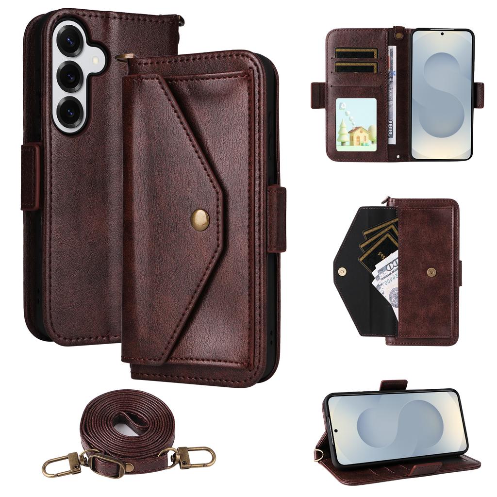 For Samsung Galaxy S25+ Leather Case Magnetic Closure Wallet Stand Phone Cover with Crossbody Strap