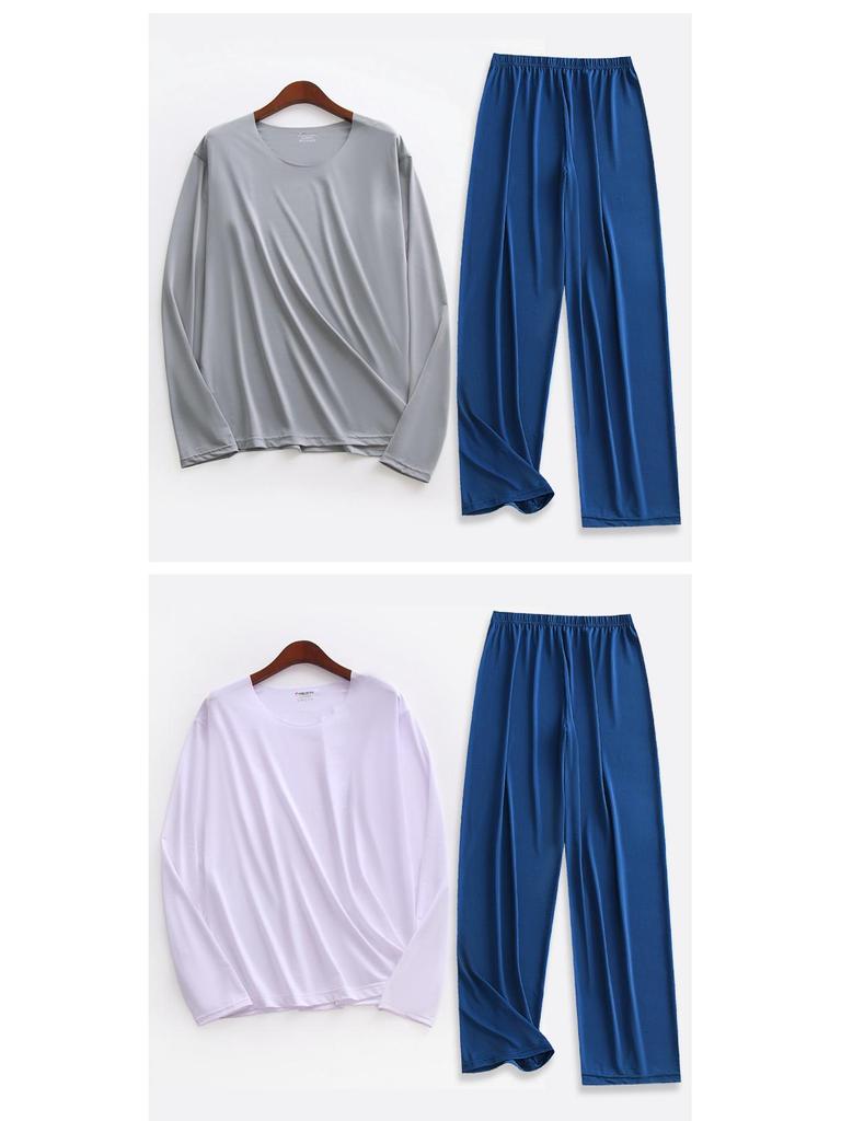 Liquid Ice Silk Ultra-Thin Men's Pajama Set - Spring/Summer Long Sleeve Top & 9/9 Length Pants, High Elastic Home Wear