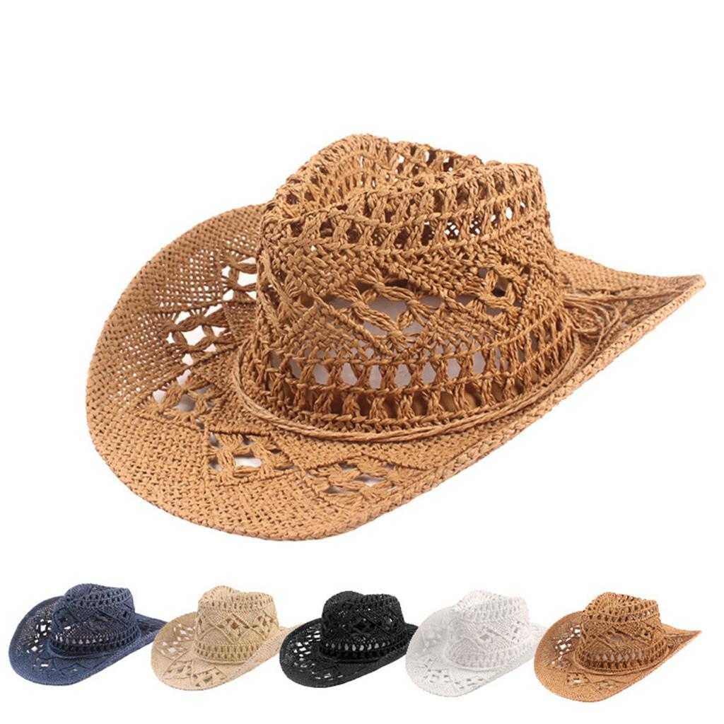 Adult Sun Hat Hand Woven Hollow Cowboy Solid Color Sun Hat Women'S Hat Adjustable Beach Hat