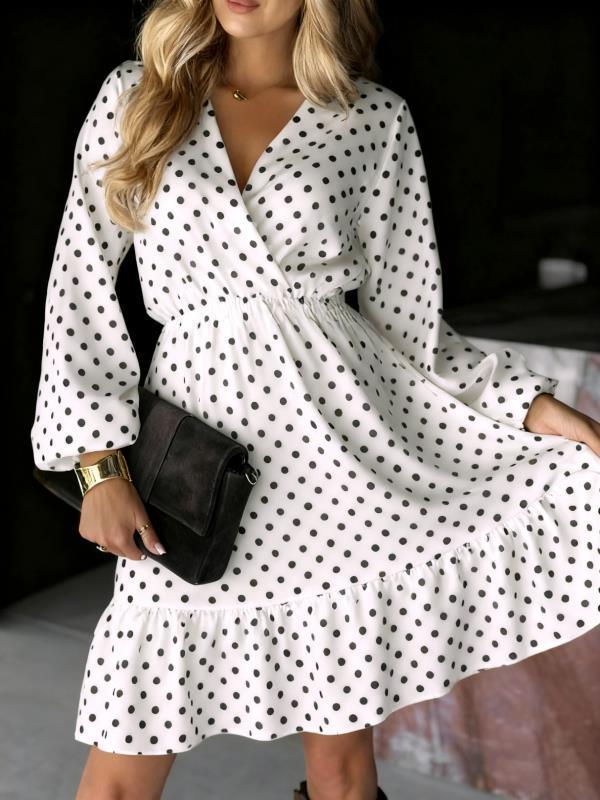 Модное женское свободное платье в горошек с длинным рукавом и плиссировкой