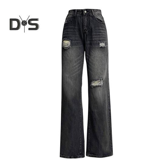 Женские джинсы с карманами, высокая талия, рваные, однотонные, длинные брюки, прямые, широкие брюки для ежедневных поездок на работу