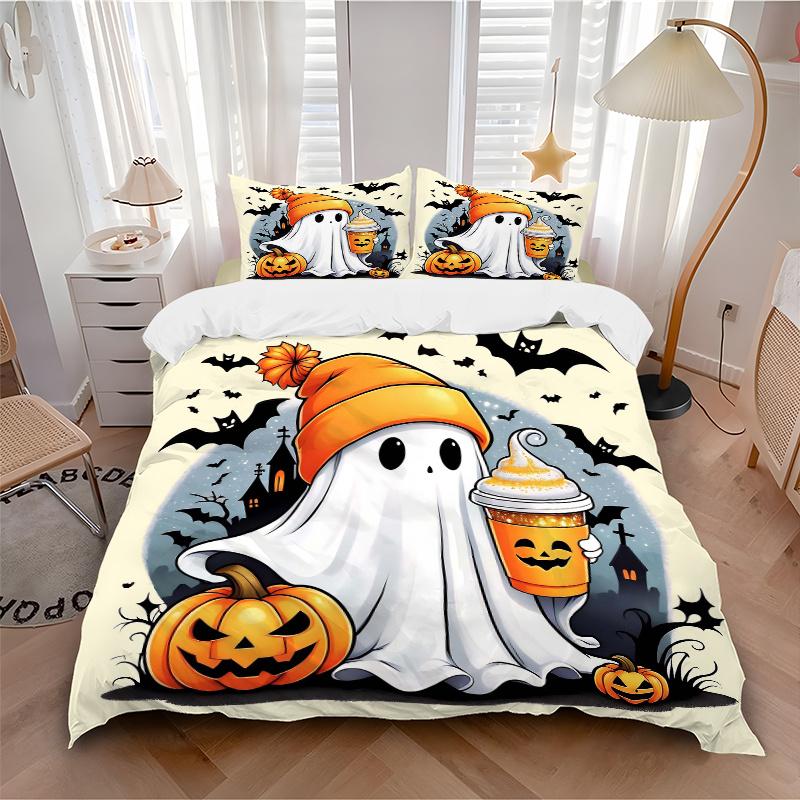 3pcs Halloween Cute Ghost Bedding Set - 1 Soft Quilt Cover + 2 Pillowcases, Machine Washable - Suitable for All Seasons N045