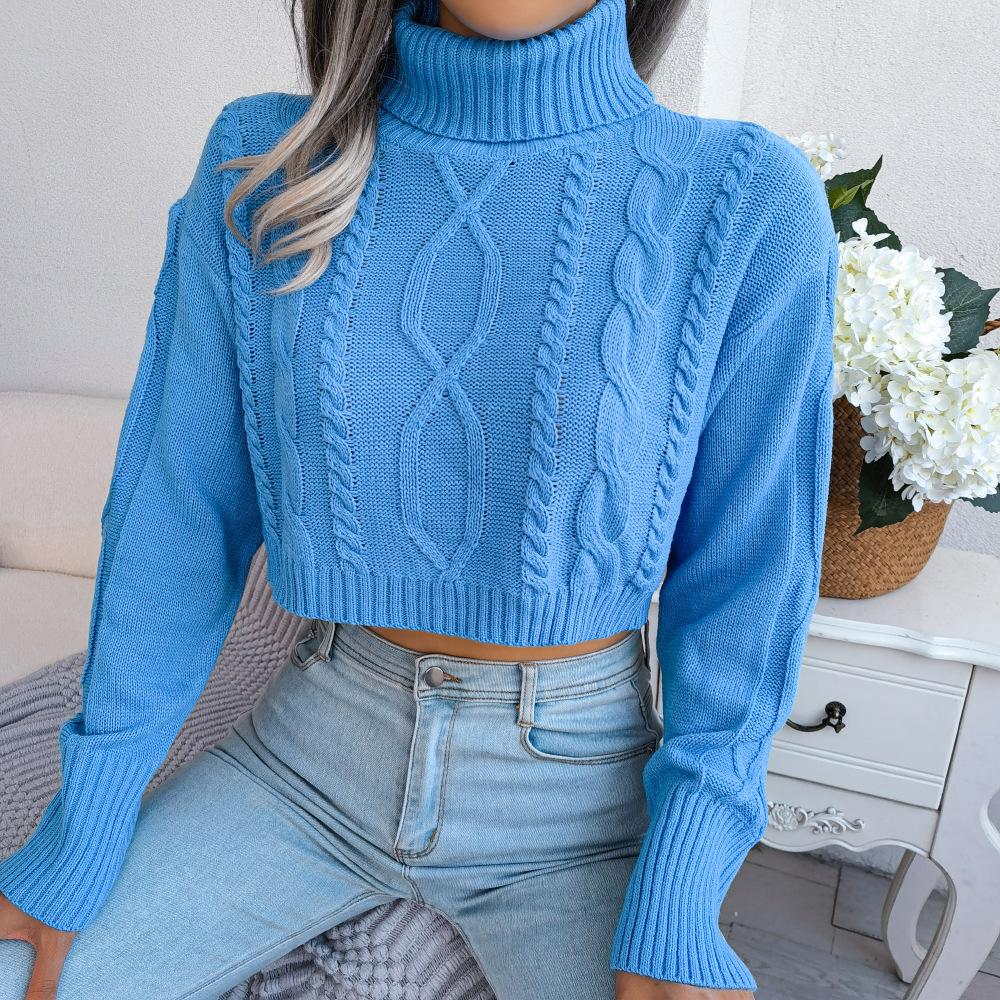 Модный пуловер с высоким воротом и длинными рукавами, укороченный, вязаный, с узором «косы», для женщин