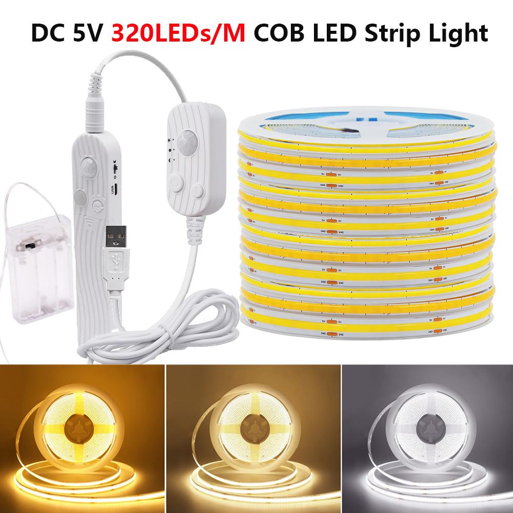 Светодиодная лента COB 5V с датчиком движения 320 светодиодов/м Питание от 3 батареек AAA или USB 3 мм 5 мм 8 мм Для освещения шкафа, гардероба, кухни, лестницы