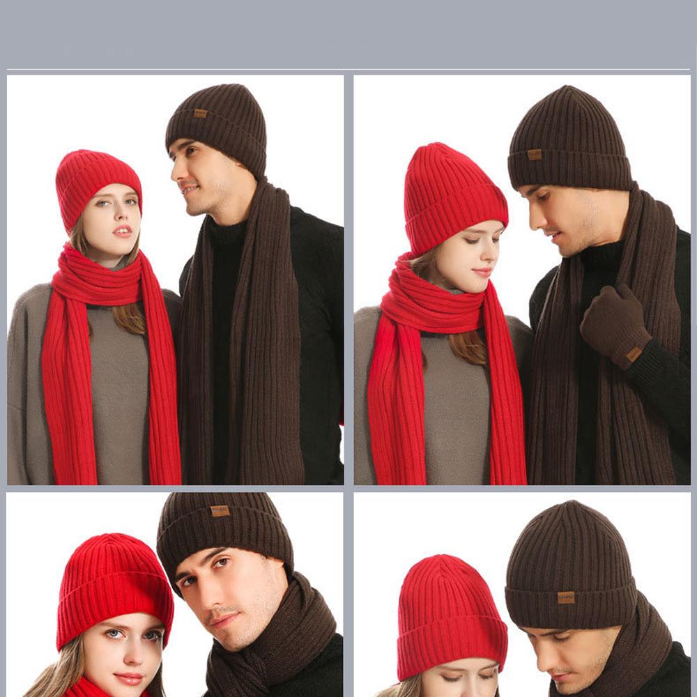 Men's and Women's Autumn and Winter European and American Knitted Hat Sets Solid Color Scarf Hat Three-piece Set