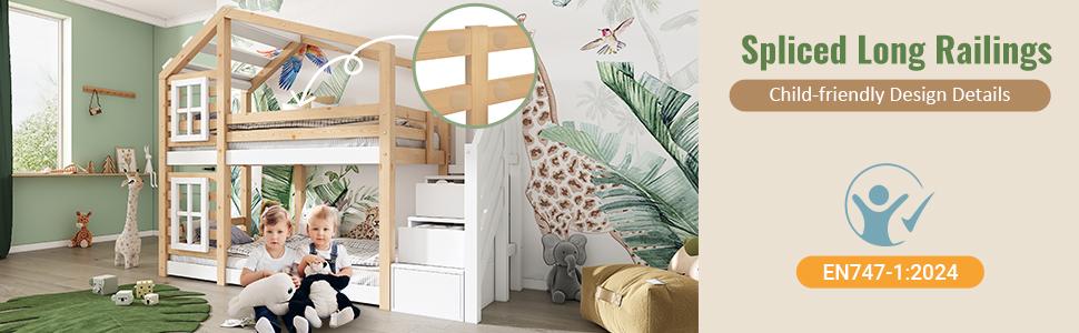 (=AB30604567W) Children's Treehouse 90 x 200 cm, Bunk Bed in Window, Storage and Fall Protection, Natural & White – 2x Slatted Base (Without Mattress)