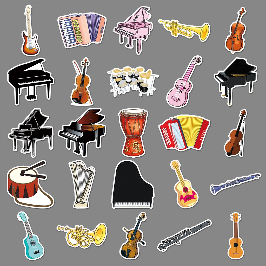 50 Musical Instruments Doodle Cartoon Violin Piano Gauze DIY Skateboard Mobile Suitcase Stickers Waterproof