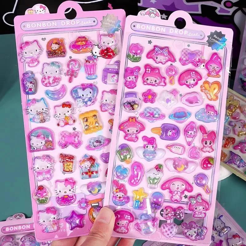 My Melody Crystal Stickers Kawaii Kuromi 3D Relief Luminous Cute Cinnamoroll Sticker Decals Kids Decoration Packs Girls gift