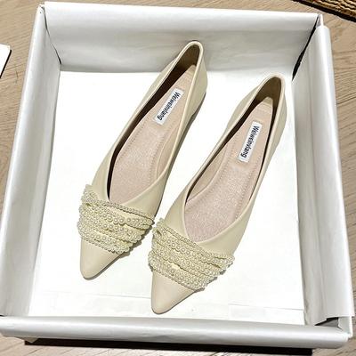 Весна-лето, модные женские туфли на плоской подошве, элегантные офисные женские туфли с острым носком и жемчугом, женские туфли на плоской подошве, черные