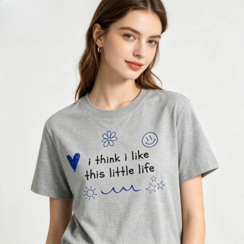 Unisex Cotton Tshirt Tee Positive Slogan Blue Doodle Heart Flower Sun Casual Crew Neck Short Sleeve Tops