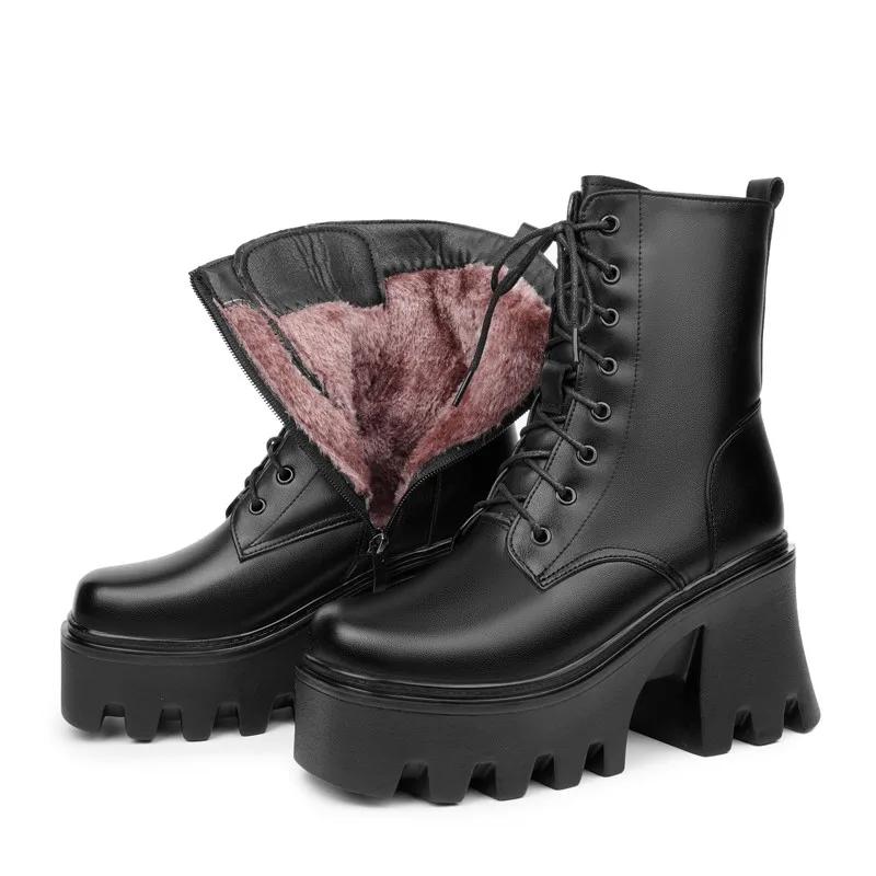 Женские ботильоны на платформе с высоким каблуком из натуральной кожи и шерсти, теплые зимние ботинки, женские модные байкерские ботинки со шнуровкой для женщин