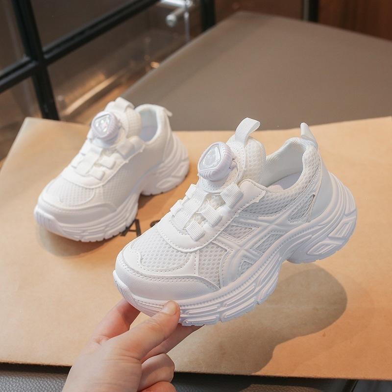 Summer Breathable Double Mesh Kids Sneakers With Rotating Buckle Soft Sole Dad Shoes For Boys And Girls Running
