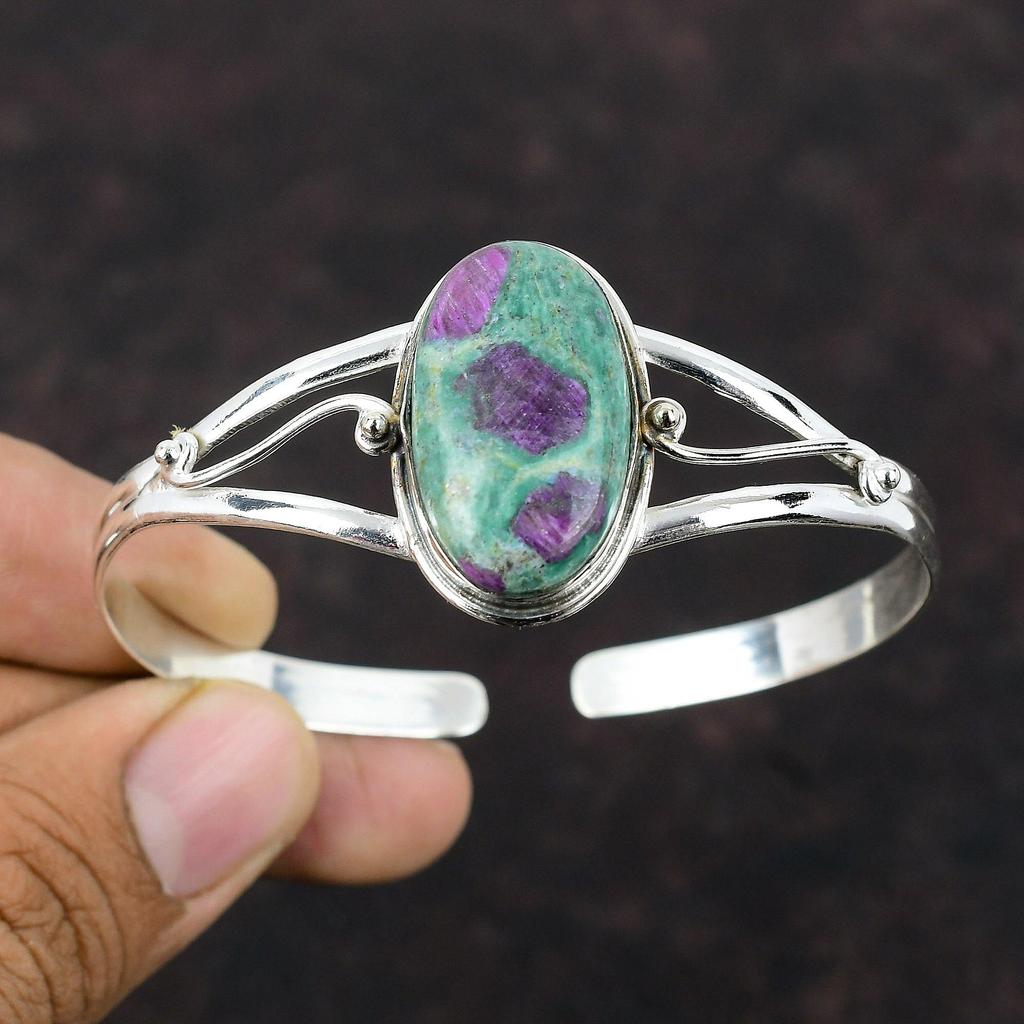 Ruby Fuchsite Cuff Bracelet Genuine Gemstone Bangle Dainty Jewelry 925 Sterling Silver Bangle Handmade Adjustable Cuff Bracelet Gift For Him