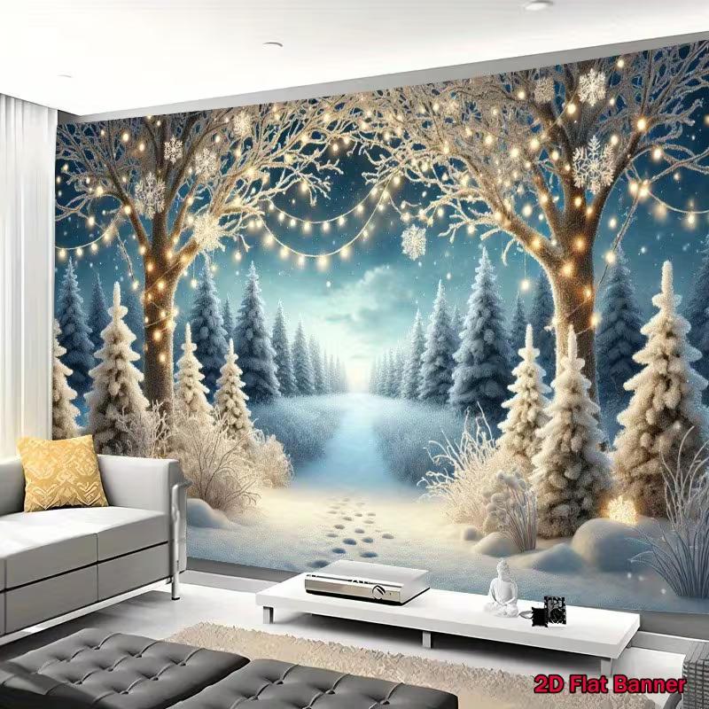 2D Magical Winter Night Backdrop Snowflake Forest Photography Background