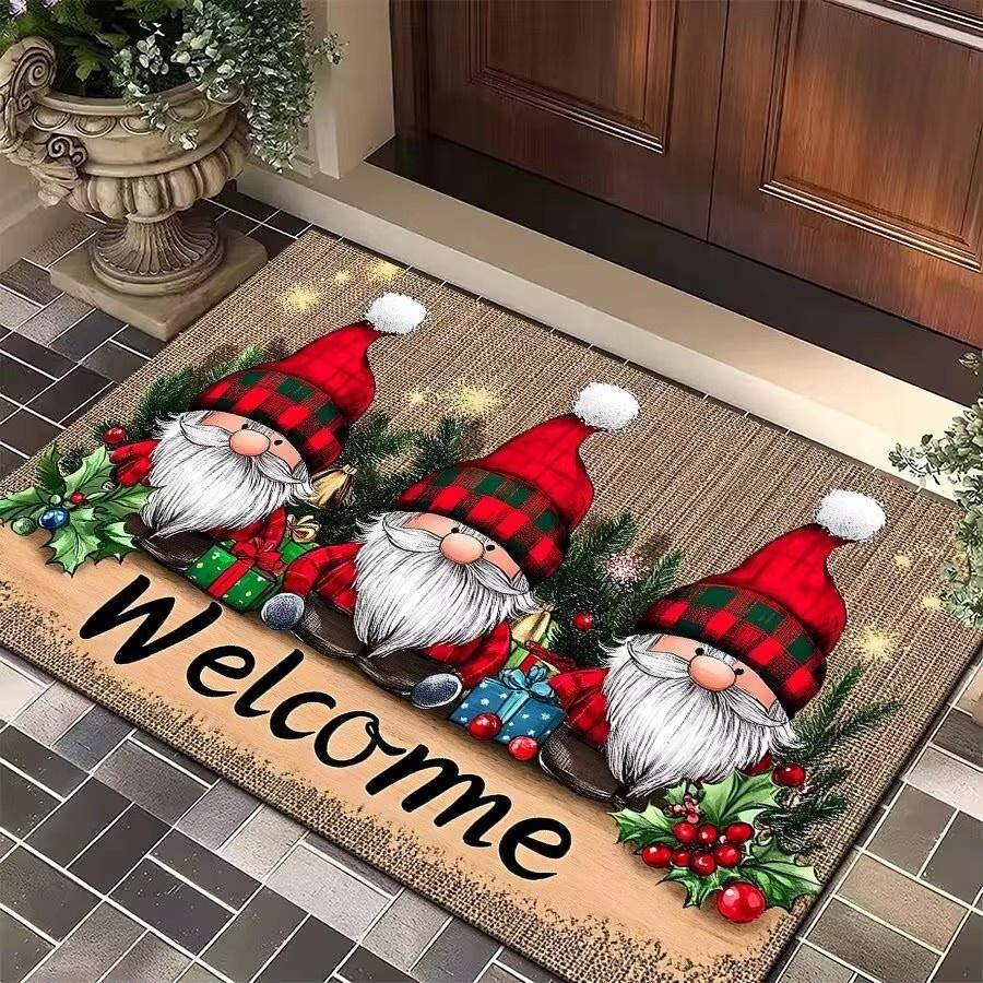 Christmas Gnome Print Doormat Black Festive Door Mat Floor for Kitchen Living Room Bedroom Bathroom Holiday for Halloween Decor