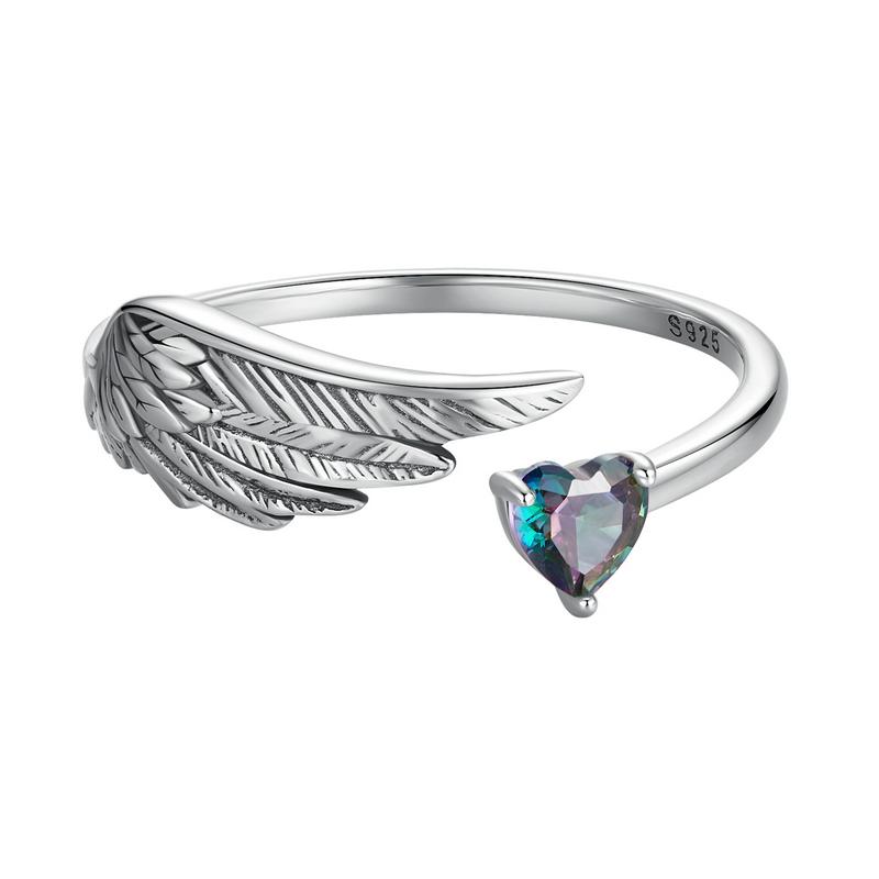 BAMOER Genuine 925 Sterling Silver Wing Heart Open Ring for Women Protection Finger Ring Fine Jewelry Birthday Gift SCR1070-E