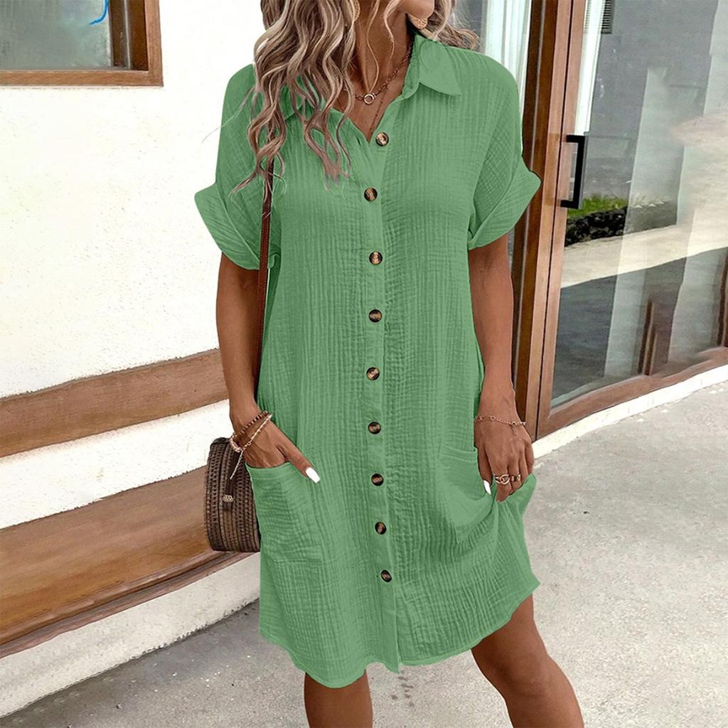 Модное женское летнее повседневное платье на пуговицах с коротким рукавом и v-образным вырезом