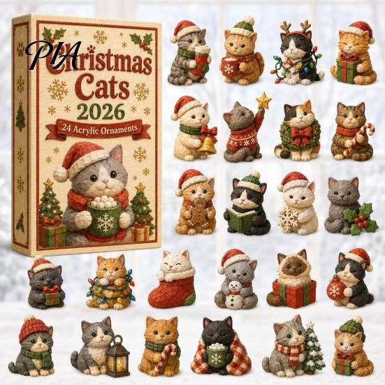 Christmas Advent Calendar Cat Calendar, 24 Day Countdown with Cute Ornaments, Kids Holiday Fun 2D Acrylic Kitty Decorations, Gift for