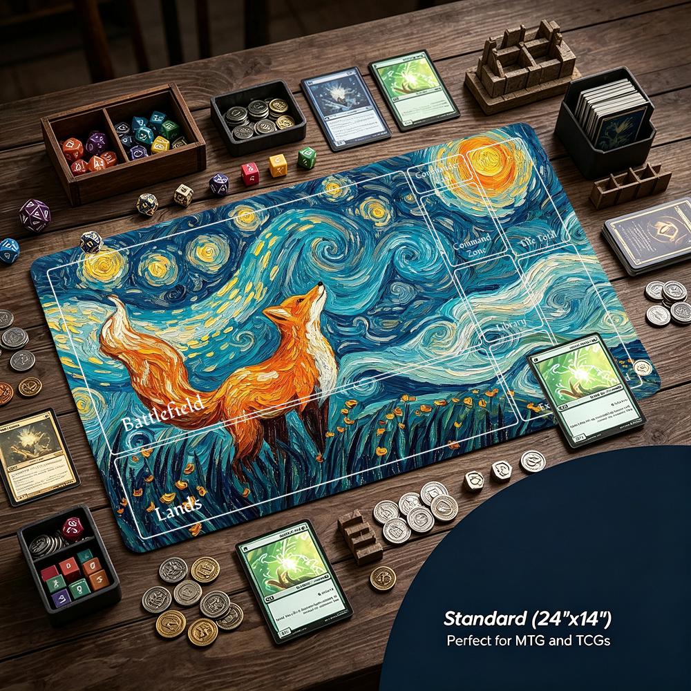 Van Gogh Style Art Starry Sky Fox Gaming Mouse Pad Playmat 24"X14" MTG TCG Office Desk Mat for Work Game PC Laptop Rug MousePad