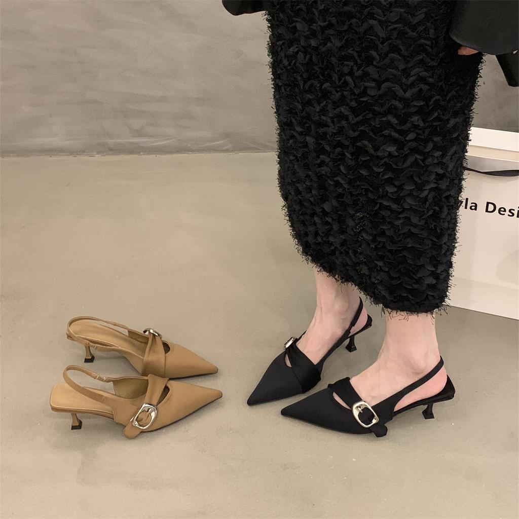 Black Bag Head Sandals Thin Heels Women's Shoes New Temperament Socialite Pointed Head Shallow Mouth High Heel Empty Shoes