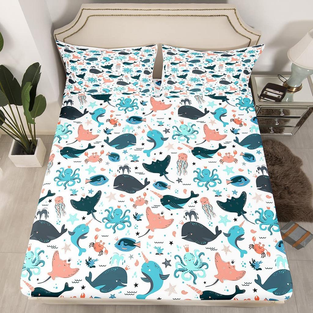 Cartoon Marine Animal Pattern Bed Hat Four-Piece Bedding Set Bedroom Dormitory Bedding Decoration