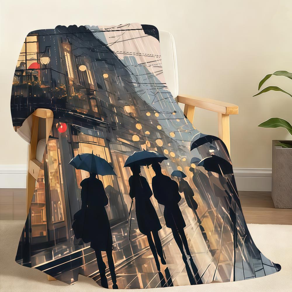Asian city night scene illustration Blanket For Soft Throw Blanket for Picnic Bed Sofa Home Bedroom Cozy Warm Comfortable