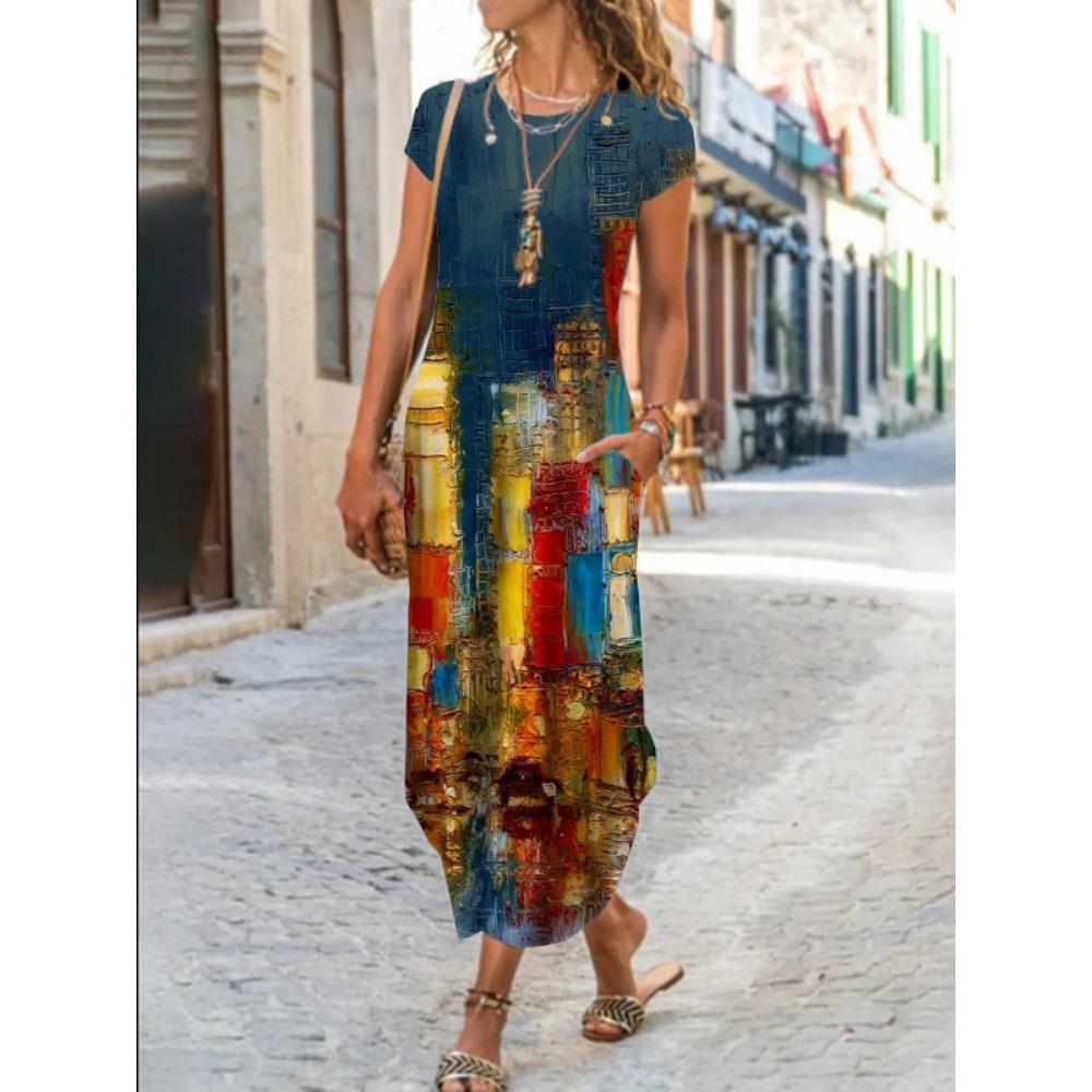 JPNTKY Women's Fashion Summer Spring Short Sleeve O-Neck Casual Dresses