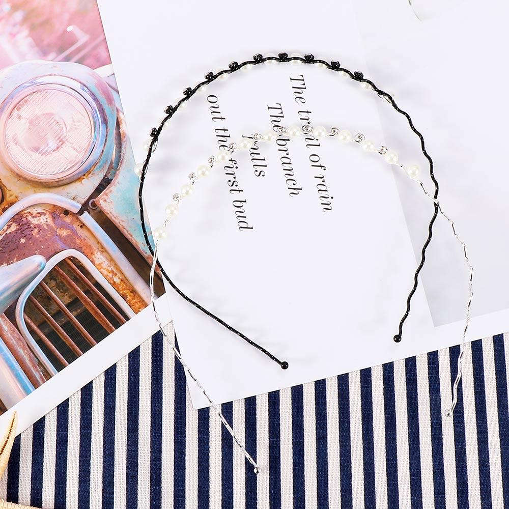 Jewelry Hair Band Head Chain Metal Pearl Crystal Wave Hairband for Women Headwear Black Silver