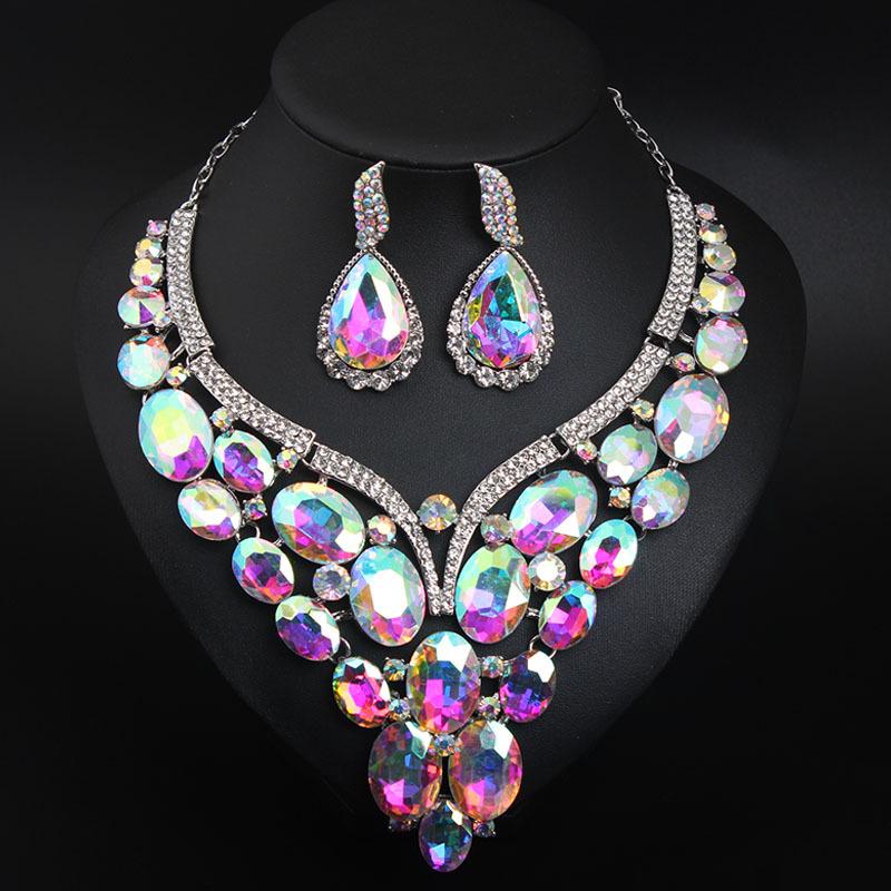 Exaggerated Crystal Glass Necklace Earrings Set Dress Banquet Women'S Accessories