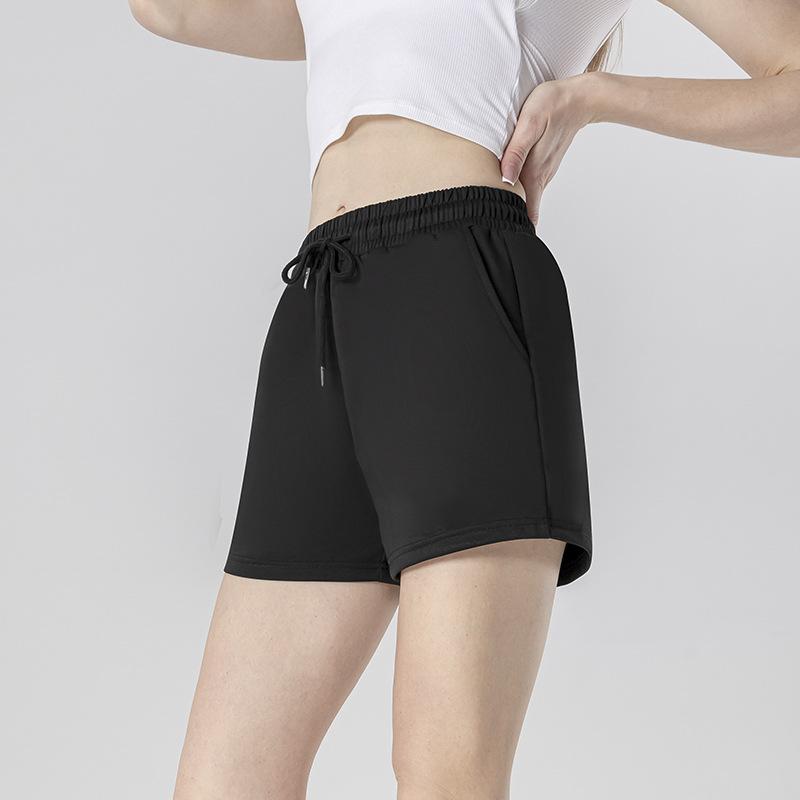Women's Spring & Summer Pure Black Casual Sports Shorts, Quick - Dry Mid - Waist Drawstring Shorts for Fitness, Quarter Length Yoga Shorts