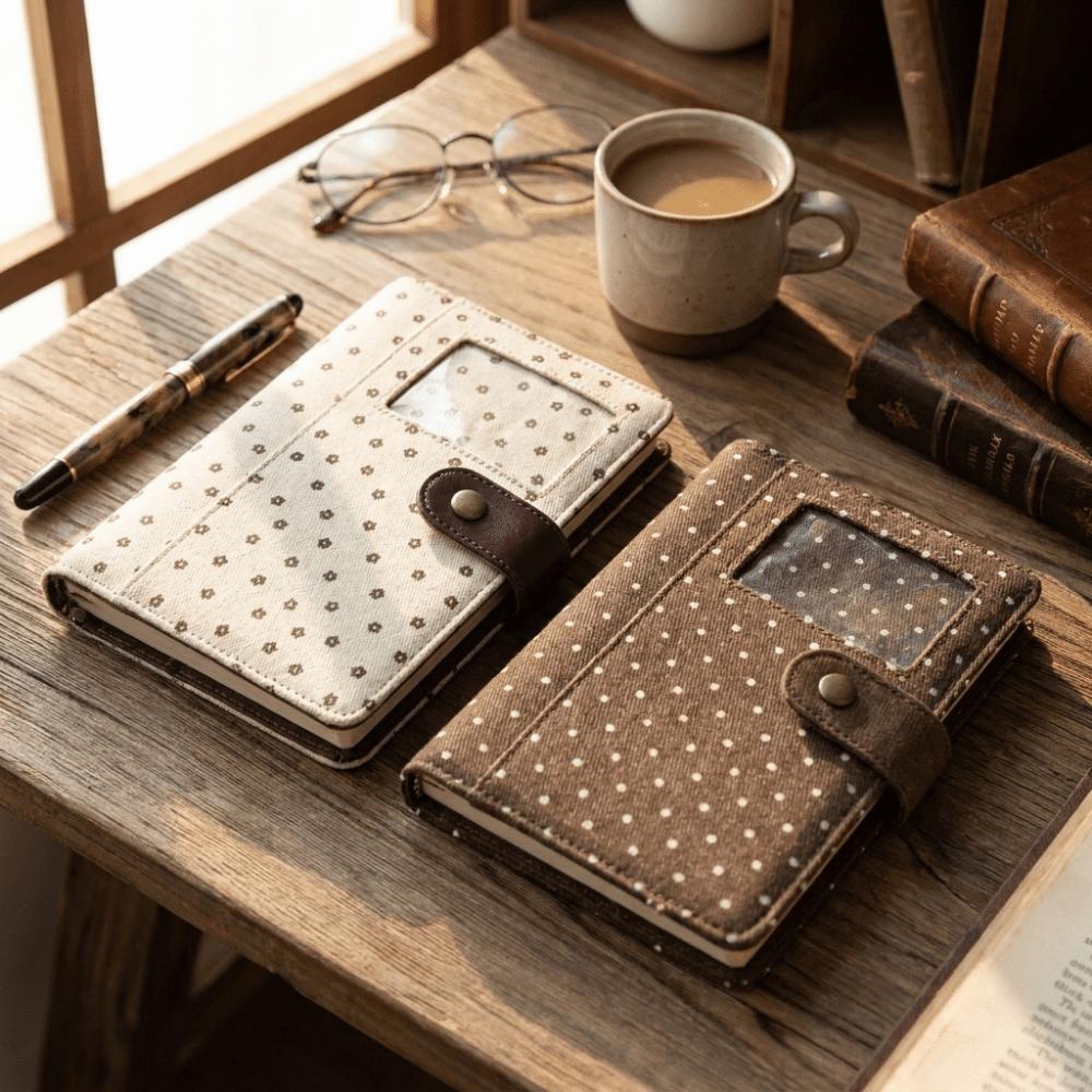 Card Pocket Polka Dot A7 Notebook Denim Fabric Stationery Album Journal Binder Cover Portable