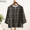Womens Casual 3/4 Sleeve Loose O-neck Floral Print Blouse