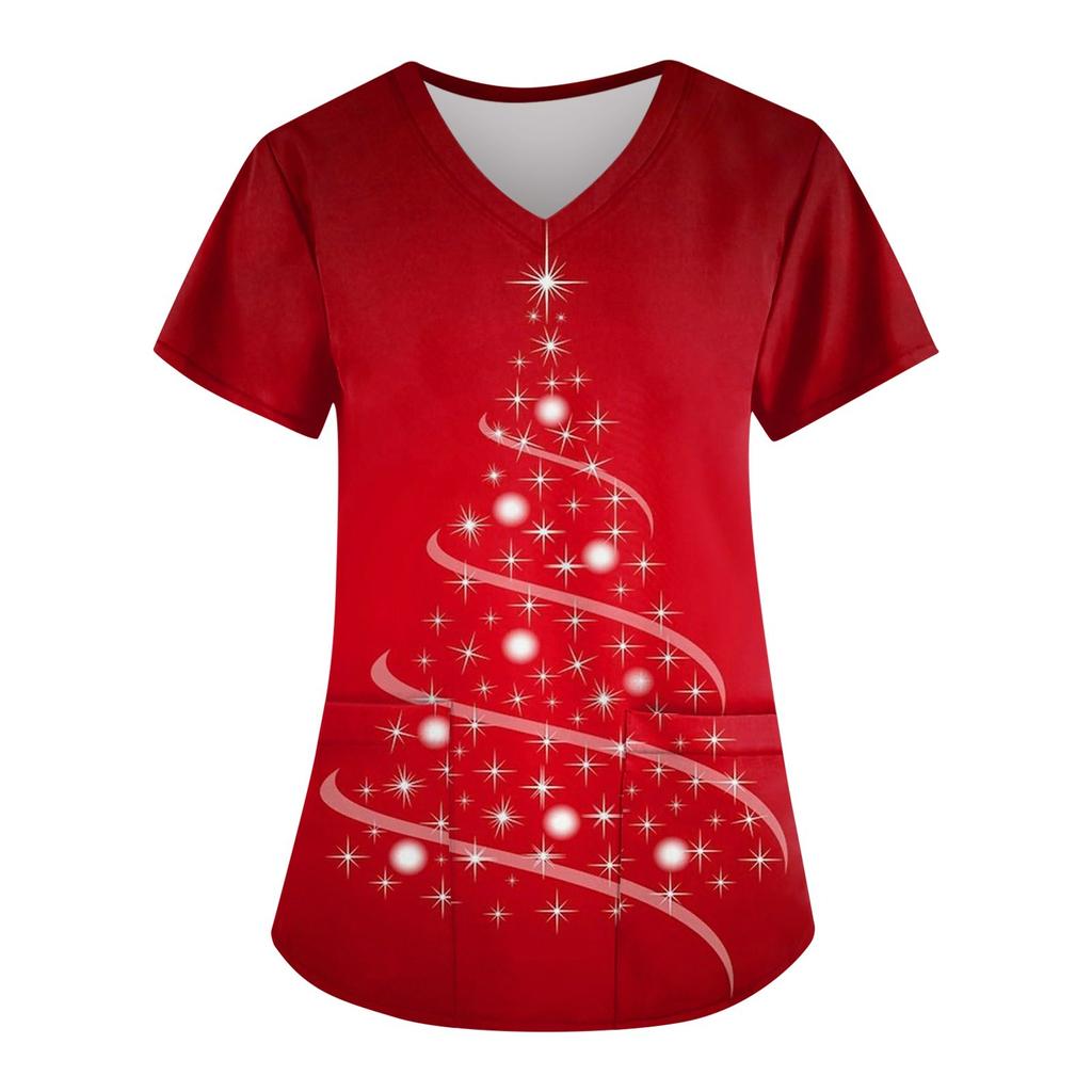Женская мода с рождественским принтом и короткими рукавами с v-образным вырезом, маленькая рабочая футболка с карманами