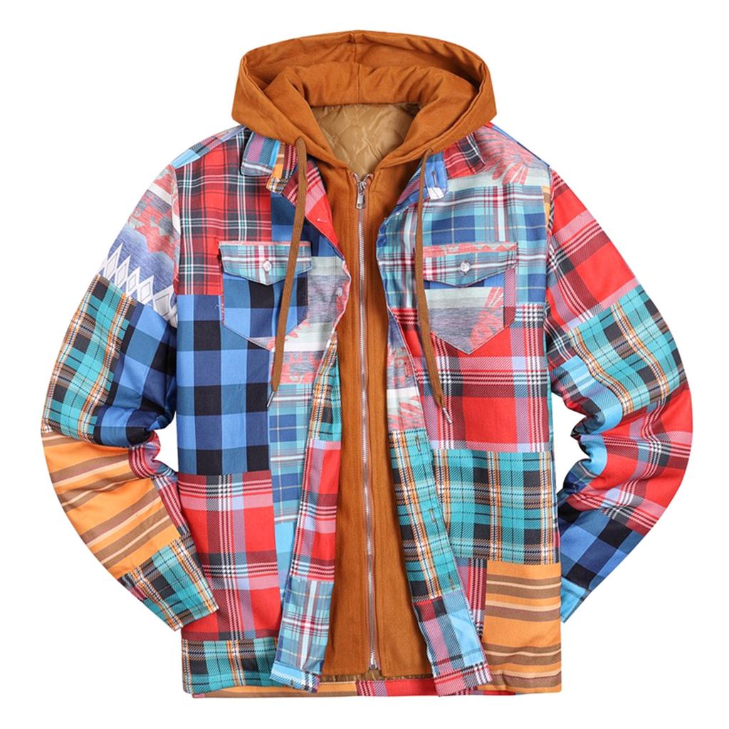 Men's Quilted Lined Button Down Plaid Shirt Add Velvet To Keep Warm Jacket With Hood
