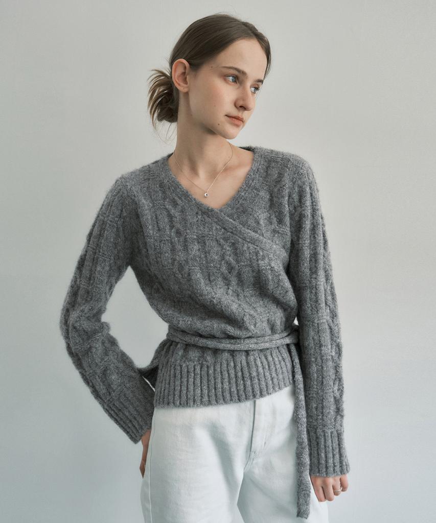 MONGDOL Asymmetrical Cable Wrap Knit Top Grey Mdkt114Gray