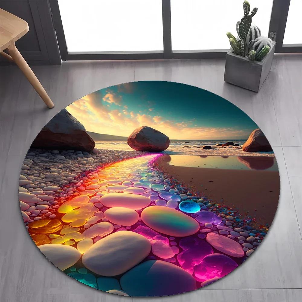 2025 New Style Colorful Rainbow Pebble Road Beach Stone Round Carpet Rug for Bedroom Living Room Decoration,pet Decor Floor Mat