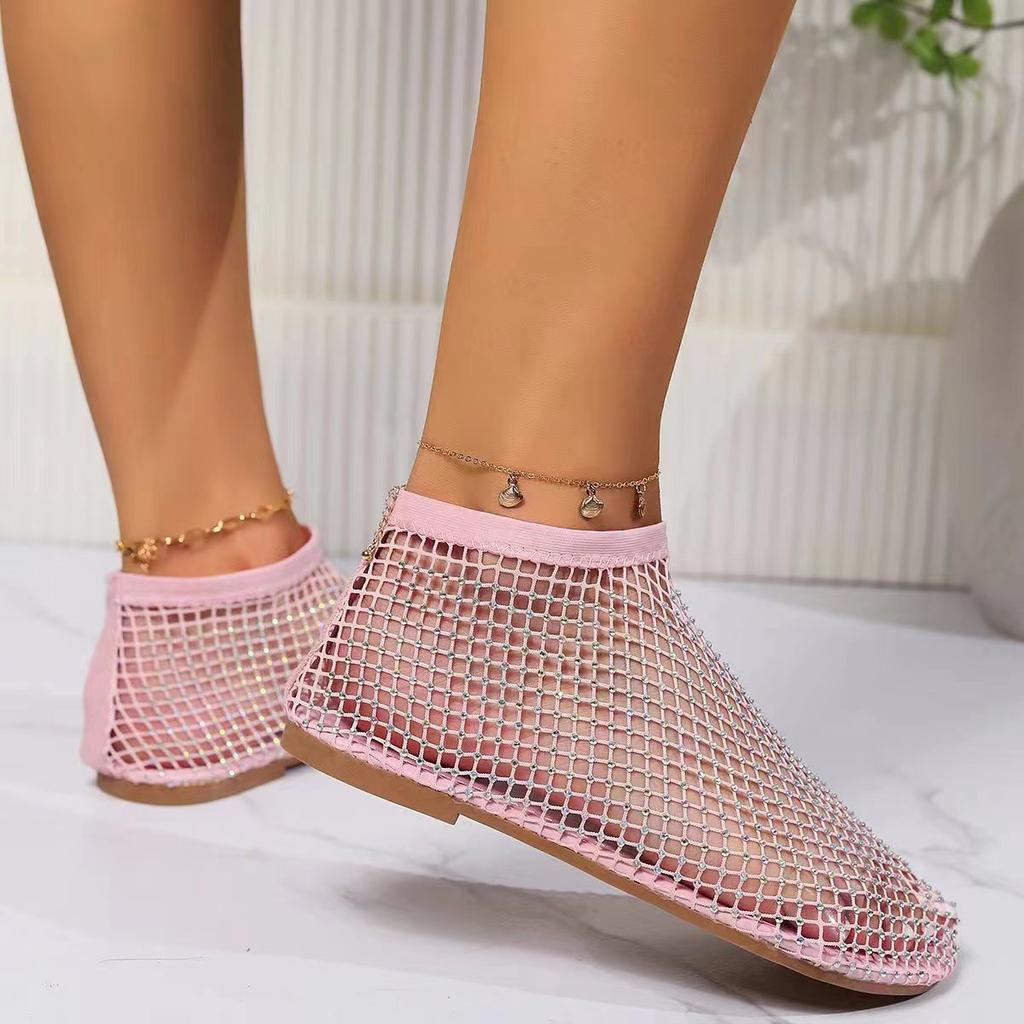 Women's Summer Ankle Boots Rhinestone Cutout Breathable Booties Low Heel Round Toe