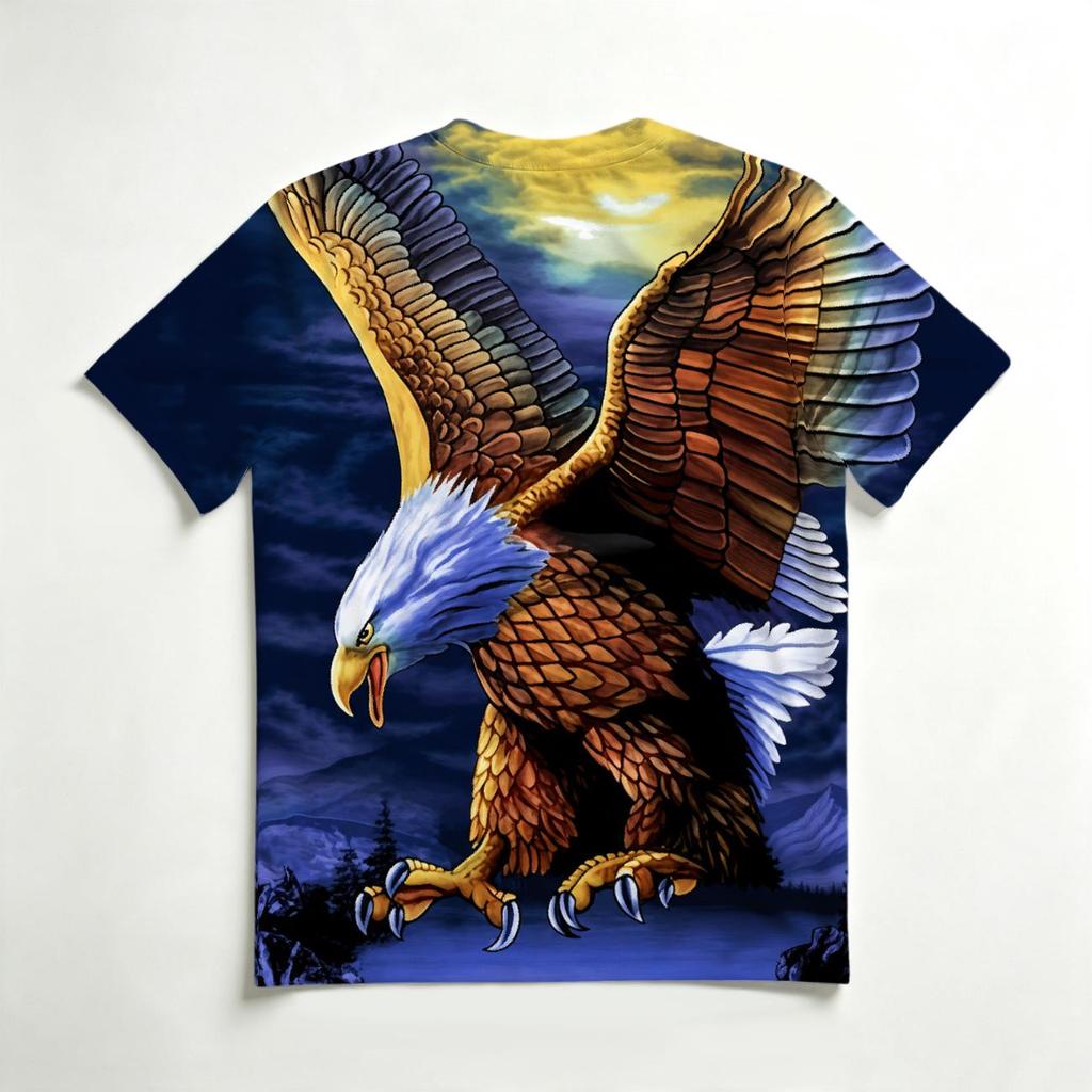 Men's casual T-shirt with a bald eagle print, complemented by wolf shadows and a gradient background, featuring a street style.