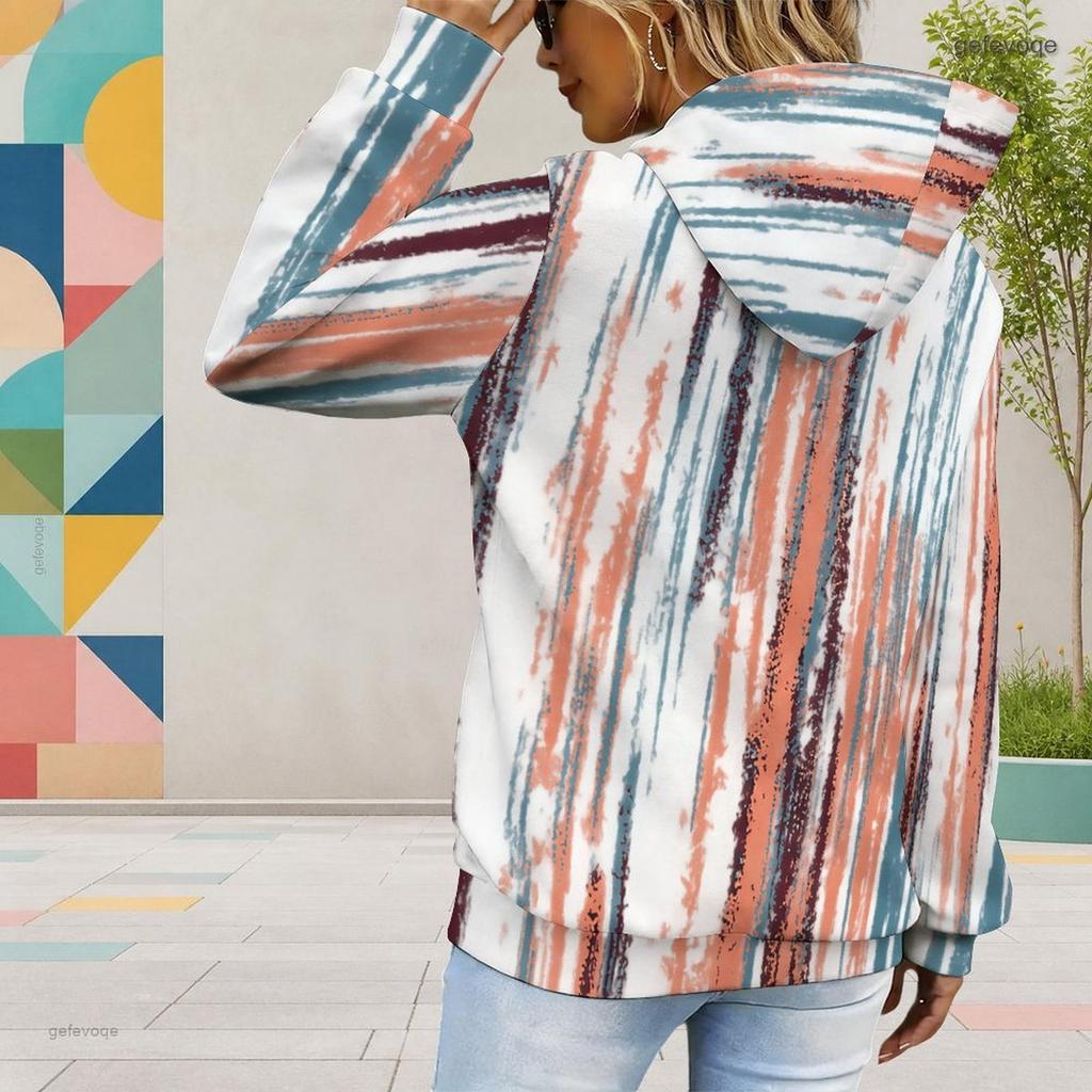 Women Plus Size Peach Dark Gray Printed Long Sleeve Hoodie Drawstring Hood Kangaroo Pocket Pullover