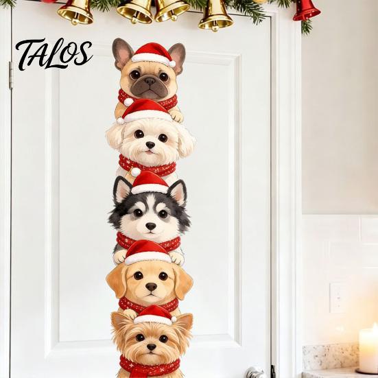 Christmas Wall Decals Puppy Stickers, Removable Self-adhesive Dog for Walls Doors, PVC Stacked Puppies Festive Indoor Murals Art Decor with Santa Hats